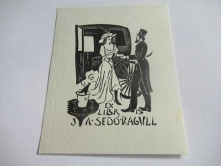 Exlibris – J. A. Sedó Ragull – François d'Aquin (1959) – Motiv: Gentleman doprovázející dámu ke kočáru, originální dřevoryt / xylografie (11 x 9 cm)