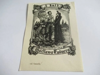 Exlibris – Wáclawa Entnera – Antonín Kameník (cca 1940–1950) – Motiv: Alegorická bibliofilská scéna s hořící hranicí knih, originální dřevoryt / xylografie (13 x 9,5 cm)
