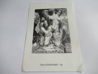 Exlibris – Mario de Filippis – Ullrich Bewersdorff (1963) – Motiv: Expresivní milostná scéna v přírodě, originální dřevoryt / zinkografie (16 x 11 cm)