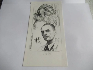 Exlibris – EXL ING. KAREL ZÁRUBA – Josef Lubič (1987) – Motiv: Portrét majitele a dívka v secesním límci (Pierot), originální ručně signovaná litografie / mědiryt C3 (20,5 x 10,5 cm)