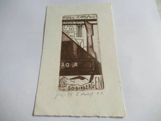 Exlibris – G. Jan Rhebergen – Vincas Kisarauskas (1974) – Motiv: XV. Mezinárodní kongres exlibris v Bledu, kubistická figurální kompozice, originální lept / mědiryt C3 (17 x 10,5 cm)