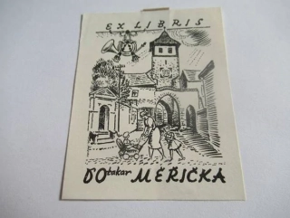 Exlibris – Otakar Měřička – Alois Moravec (1942) – Motiv: Pohled na věž Staré radnice v Havlíčkově Brodě s matkou, dětmi a poštovním lesním rohem, originální zinkografie (7,5 x 6 cm)
