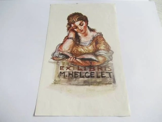 Exlibris – M. Helcelet – Antonín Procházka (cca 1920–1930) – Motiv: Žena čtoucí knihu u kamenného soklu, vícebarevný autorský tisk / tónovaná zinkografie, ručně signováno (18,5 x 11,5 cm)