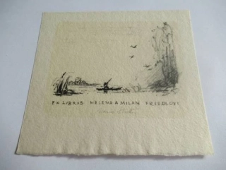 Exlibris – Helena a Milan Friedlovi – Mario Stretti (cca 1940) – Motiv: Rybář v loďce na řece, originální ručně signovaný lept C3 na ručním papíře s trhaným okrajem (11 x 10 cm)