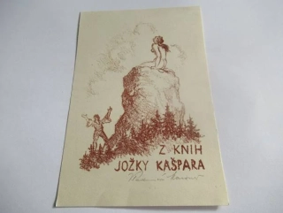 Exlibris – Z knih Jožky Kašpara – Vladimír Komárek (cca 1970–1980) – Motiv: Romantická alegorická scéna s dívkou na skále a poutníkem, originální ručně signovaný dřevoryt / zinkografie v hnědočerveném tónu (15,5 x 10,5 cm)