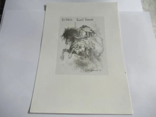 Exlibris – Karel Toman – Jan Florian (1983) – Motiv: Křižácký rytíř na divokém koni, originální zinkografie / autorský tisk na rozměrném podkladovém archu (tisk 11,5 x 8,5 cm, celkový rozměr 21 x 14,5 cm)
