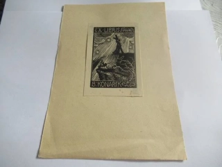 Exlibris B. Konařík, Arnošt Hrabal, 1928 – originální dřevoryt, grafický list 205x145 mm, tisková plocha 105x70 mm