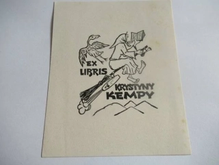 Exlibris Krystyny Kempy, motiv čarodějnice na koštěti, Zbigniew Dolatowski, 1968 – původní dřevoryt, podkladový papír 10,5x8,5 cm