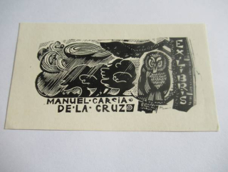 Exlibris Manuel Garcia de la Cruz, motiv sovy v krajině, Nikolay Burmagin, 1965 – originální dřevoryt, 9,5x5,5 cm