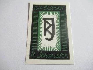 Exlibris R. Johansson, S. Wensky, 1964 – původní dvoubarevný linoryt X3/2, monogram, 5,5x3,5 cm