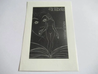 Exlibris Klaus Rödel – Fritz Kühn, 1968 – originální zinkoryt X5, motiv ženského aktu a tváře, 10x7 cm