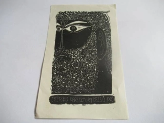 Exlibris Keresztury Dezső Dr. – János Kass, 1968 – originální zinkoryt X5, motiv vousatého muže, 14x8,5 cm