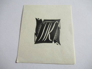 Exlibris P. Kornilow – Ivan Roerberg, 1927 – originální podélný dřevoryt X2, heraldický monogram, 5x4,5 cm
