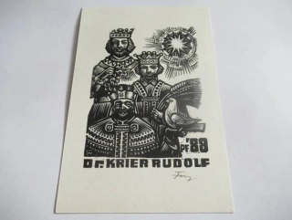 Exlibris Dr. Krier Rudolf – Antal Fery, 1987 – originální dřevořez X2, motiv tří panovníků, 15x10 cm