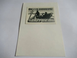 Exlibris Voitto A. Pitkänen – Gustav Lindström, cca 1975 – originální rytina / tisk z hloubky P1, motiv rybářů na loďce, grafický list 15x10,5 cm, exlibris 5,5x8 cm