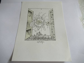 Exlibris L. a J. Kašparovi – Ladislav J. Kašpar, cca 1980 – originální zinkoryt, motiv pražského panoramatu a slunce, grafický list 20,5x15 cm, tisková plocha 11,5x8,5 cm