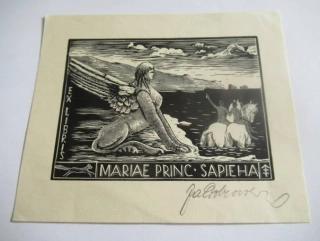 Exlibris Mariae Princ. Sapieha – Jan Dobrovolný, cca 1970 – originální dřevoryt, motiv sfingy a jezdců na koních, 12x9,5 cm