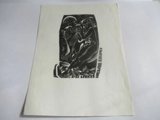 Exlibris Václava Krupky – Anna Grmelová, cca 1970 – originální dřevoryt, motiv dívčího aktu s ptákem pod měsícem, 18,5x14 cm