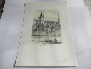 Exlibris J. R. – Václav Blažek, cca 1980 – originální zinkografický přenos / litografie, motiv Karlova mostu s veslaři, grafický list 21x15 cm, tisková plocha 12x8,5 cm