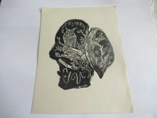 Exlibris J. V. – Jaroslav Vodrážka, cca 1960 – originální dřevořez, motiv lidské hlavy, sovy a ptactva v přírodě, 19x14,5 cm