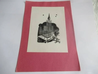 Exlibris Solomon Joly – Nagy Árpád Dániel, cca 1955 – originální rytina do jiných materiálů C8, motiv brutalistní výškové architektury, grafický list 20,5x14,5 cm, exlibris 14x10 cm