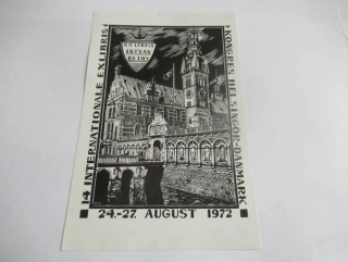 Exlibris Istvan Rethy, Kozlowski, 1972 – originální podélný dřevoryt X2, motiv 14. mezinárodního kongresu v Dánsku, 15,5x10,5 cm