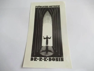 Exlibris Dr. R. K. Donin – Hans Woyty-Wimmer, cca 1930 – originální podélný dřevoryt X2, motiv vzkříšení Krista v gotické bráně, 17x9,5 cm