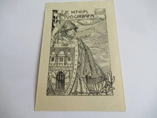 Exlibris Ivo Urbana – František Urban, 1919 – originální zinkografie, motiv středověkého rytíře se štítem a hradem, 9,5x6,5 cm
