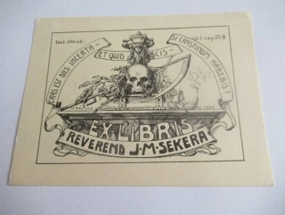 Exlibris Reverend J. M. Sekera – Karel Rélink, 1927 – originální zinkografie, motiv Memento mori