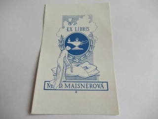Exlibris Med. Dr. Maisnerová – Vladimír Maisner, 1949 – originální zinkografický přenos, medicínský motiv s ošetřovatelkou a lampou, 12x7,5 cm