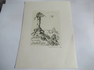 Exlibris Petr Toman – Václav Toman, 1980 – originální zinkografie / perokresba, surrealistický motiv draka, grafický list 21x15 cm, tisková plocha 11,5x8,5 cm