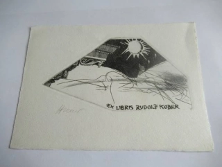 Exlibris Rudolf Kober – Gunther Krampf, cca 1970 – originální hlubotisk / lepty C2+C4, abstraktní krajinný motiv se sluncem, 18,5x13 cm
