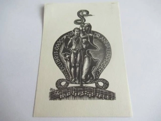 Exlibris Dr. Anna Lerperger – Hedwig Zum Tobel, 1957 – originální podélný dřevoryt X2, motiv Asklépiovy hole s hudební osnovou, 9x6 cm