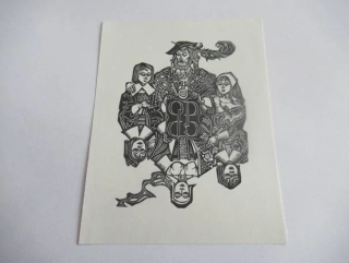 Exlibris PB, motiv Jindřicha VIII. a jeho manželek – Hedwig Zum Tobel, cca 1960 – originální podélný dřevoryt X2, 10,5x8 cm