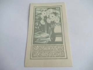 Exlibris M. Žákovcové – Karel Wellner, 1918 – originální dvoubarevná zinkografie, secesní motiv vázy s květinami a knih, 11,5x7 cm