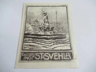 Exlibris Ing. St. Švehla – Karel Wellner, 1918 – originální litografie L1, motiv kašny v Olomouci v zimě, 11,5x9 cm