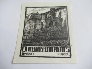 Exlibris Bibl. Beneš – Karel Wellner, 1914 – originální litografie L1, motiv Mariánského sloupu v Olomouci, 11,5x9,5 cm