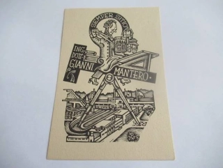 Exlibris Ing. Dott. Gianni Mantero – Max Kislinger, 1938 – originální podélný dřevoryt X2, architektonický motiv s kružidlem, 12,5x8,5 cm