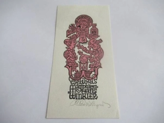 Exlibris Mag. Pharm. Hans Winkler – Max Kislinger, cca 1950 – originální dvoubarevný dřevoryt X2/2, farmaceutický motiv se sv. Františkem, 14x7 cm