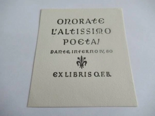 Exlibris O. F. B., Břetislav Štorm, 1943 – originální zinkografie / knihtisk, literární motiv s Dantovým citátem, 8x7,5 cm