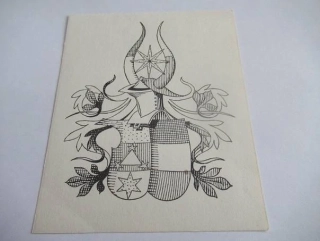 Exlibris Dr. Stodola – Břetislav Štorm, cca 1943 – originální zinkografie / perokresba, heraldický motiv s aliančním znakem, 10,5x8,5 cm