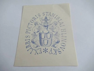Exlibris Pictoris Stanislai Hlinovský – Břetislav Štorm, cca 1945 – originální modrá zinkografie, cechovní heraldický motiv, 10x8 cm