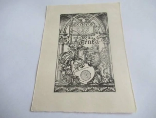 Exlibris Mila Trnka – Karel Štapfer, cca 1920 – originální zinkografie / lept, novogotický heraldický motiv, 13,5x10 cm