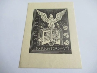 Exlibris Fr. Kratochvíl – D. Morávek, 1930 – originální dřevoryt X2, motiv orla na rozevřené knize, 10x7,5 cm