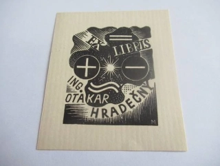 Exlibris Ing. Otakar Hradečný – Antonín Morávek, 1932 – originální dřevoryt X2, elektrotechnický motiv, 7,5x6,5 cm