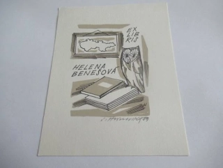 Exlibris Helena Benešová – J. Hlinovský, 1989 – originální dvoubarevná zinkografie, motiv sovy s knihami a mapou, 11,5x9 cm