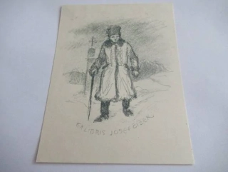 Exlibris Josef Čížek – Jaroslav Vodrážka, cca 1940 – originální litografie L1, motiv muže v kožichu se špacírkou v zimní krajině, 12,5x9,5 cm