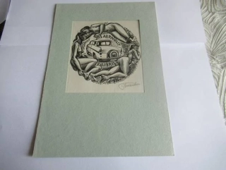 Exlibris – Jos Aernout – Frank-Ivo van Damme – Automobil a akty žen – 15×13 cm – dřevoryt