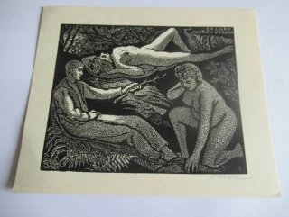 Exlibris – Jindřich Vesdek – Ladislav Vlodek – Figurální kompozice s akty – 18×15 cm – dřevoryt