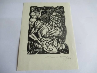 Exlibris – J. V. Botella – Rene Wolf – Kubistický ženský akt – 16×12 cm – linořez / linoryt (X3)